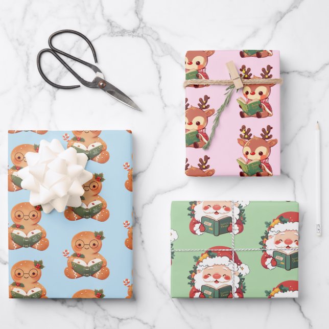 Weihnachten, Rentier & Lebkuchen buchen Geschenkpapier Set (Vorderseite)