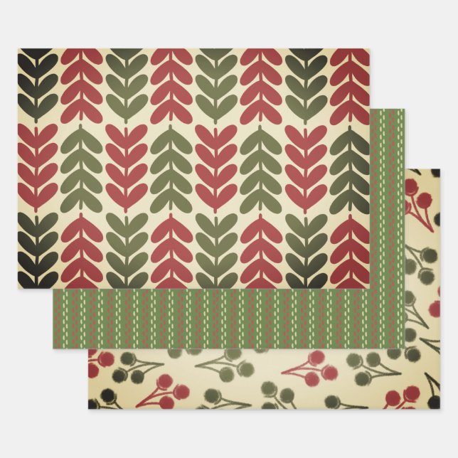 Weihnachten Retro Botanische Muster Geschenkpapier Set (Set)