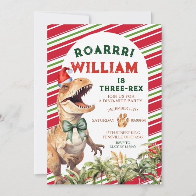 Weihnachten Retro Dinosaurier Bow Watercolor Gebur Einladung (Vorderseite)