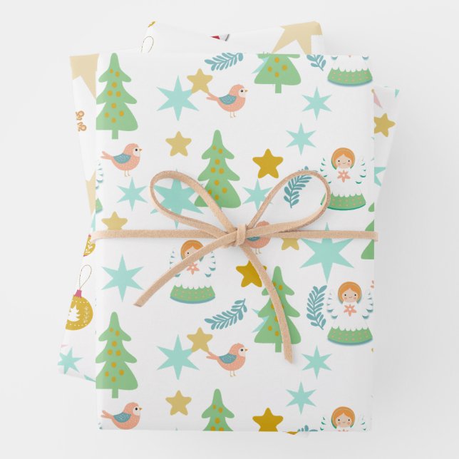 Weihnachten Retro Groovy Rosa, Blau, Grün Geschenkpapier Set (Beispiel)