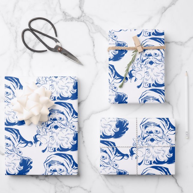 Weihnachten, Retro Jolly Weihnachtsmann in Blau Geschenkpapier Set (Vorderseite)