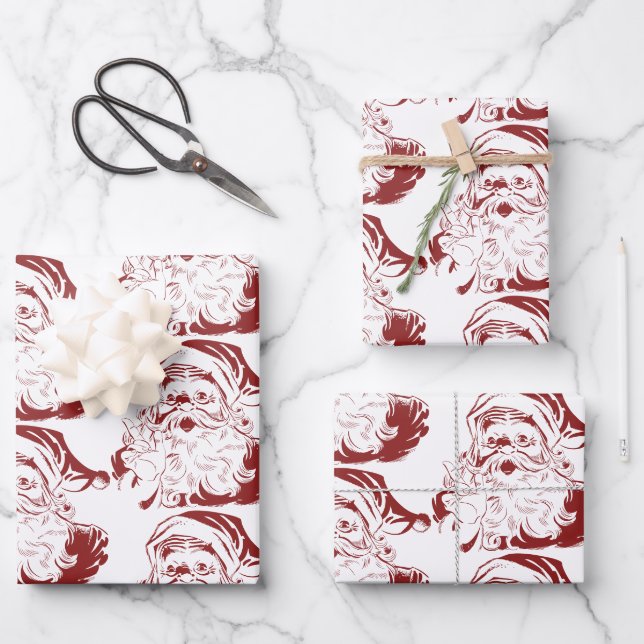 Weihnachten, Retro Jolly Weihnachtsmann in Rot Geschenkpapier Set (Vorderseite)