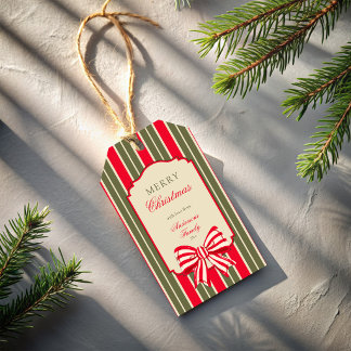 Weihnachten Retro Rot Grün Streifen mit Schleife Geschenkanhänger