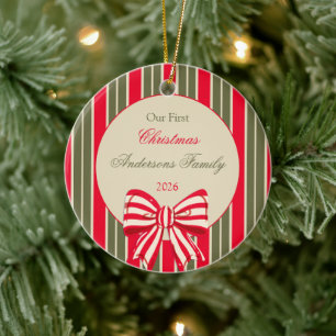 Weihnachten Retro Rot Grün Streifen mit Schleife Keramik Ornament