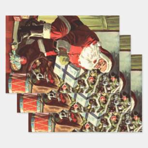 Weihnachten, Retro Weihnachtsmann mit Geschenken Geschenkpapier Set