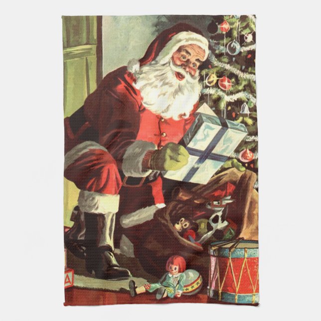 Weihnachten, Retro Weihnachtsmann mit Geschenken Geschirrtuch (Vertikal)