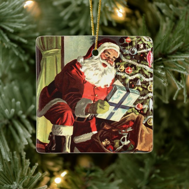 Weihnachten, Retro Weihnachtsmann mit Geschenken Keramikornament (Baum)