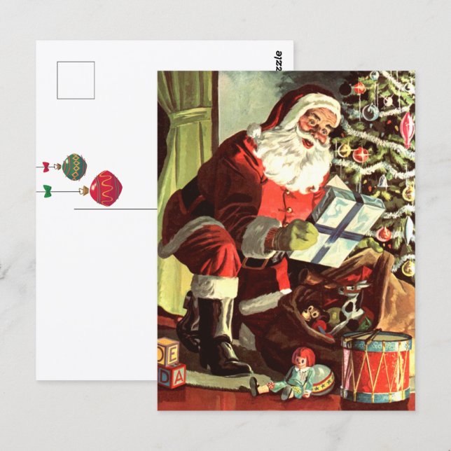 Weihnachten, Retro Weihnachtsmann mit Geschenken Postkarte (Vorne/Hinten)