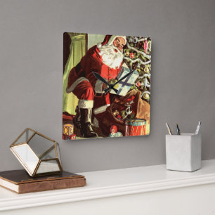 Weihnachten, Retro Weihnachtsmann mit Geschenken Quadratische Wanduhr