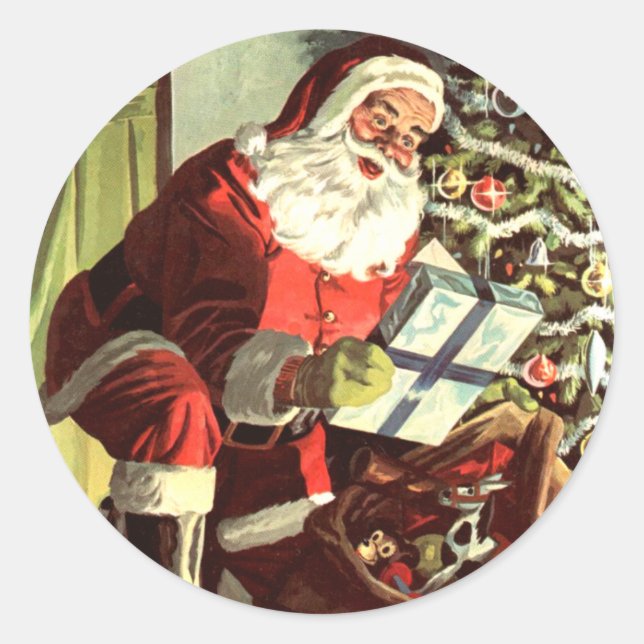Weihnachten, Retro Weihnachtsmann mit Geschenken Runder Aufkleber (Vorderseite)