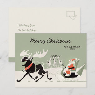 Weihnachten Retro Weihnachtsmann und Elch-Schlitte Postkarte