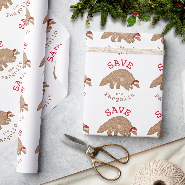 Weihnachten Rettete den Pangolin-Slogan Geschenkpapier (Christmas pangolin wearing a Santa hat holiday wrapping paper with save the pangolin slogan)