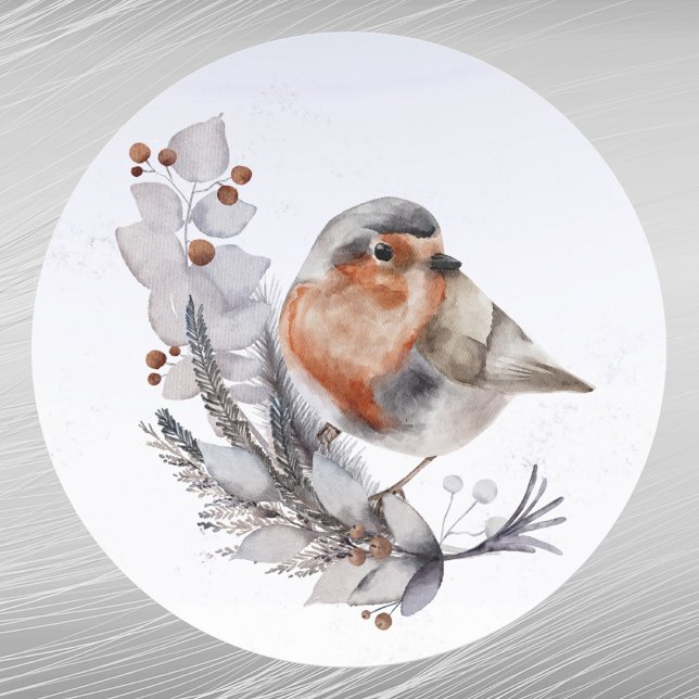 Weihnachten Robin RedBrustfloral Aquarell Runder Aufkleber (Von Creator hochgeladen)