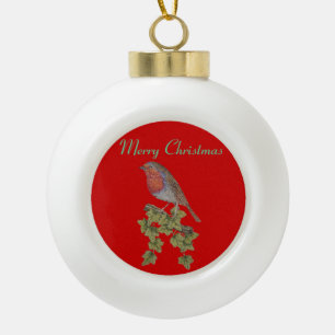 Weihnachten Robin und Efeu-Blätterillustration Keramik Kugel-Ornament