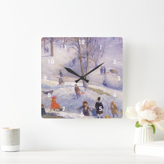 Weihnachten, Rodeln, Central Park Glackens Quadratische Wanduhr (Zuhause)