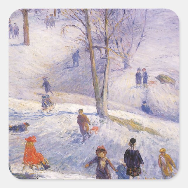 Weihnachten, Rodeln, Central Park Glackens Quadratischer Aufkleber (Vorderseite)