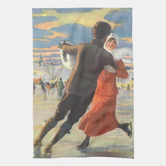 Weihnachten, romantische Couple Ice-Skaten Geschirrtuch (Vertikal)