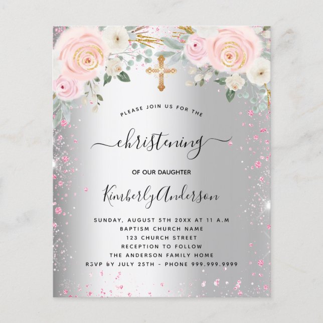 Weihnachten Rosa Blumen Glitzer Einladung Flyer (Vorne)