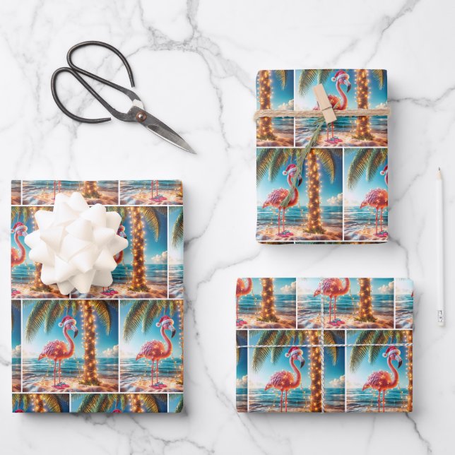 Weihnachten rosa Flamingo in krumpelnden Lichtern Geschenkpapier Set (Vorderseite)