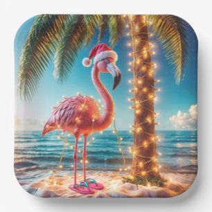 Weihnachten rosa Flamingo in krumpelnden Lichtern Pappteller