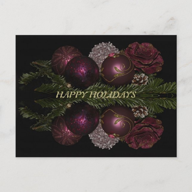 Weihnachten Rosa Ornamente Grüne Blätter Schwarz Postkarte (Vorderseite)