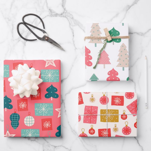 Weihnachten Rosa Weiß Muster Geschenkpapier Set (Vorderseite)