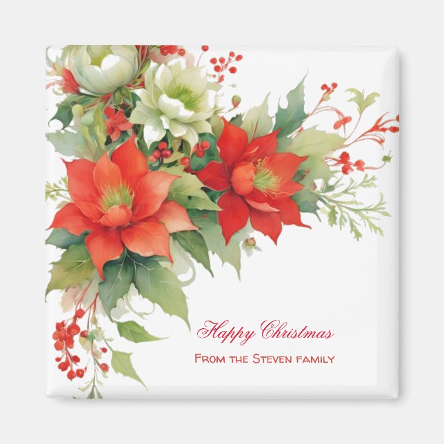Weihnachten Rose Wasserfarbe | Ihr Name Magnet (Vorne)