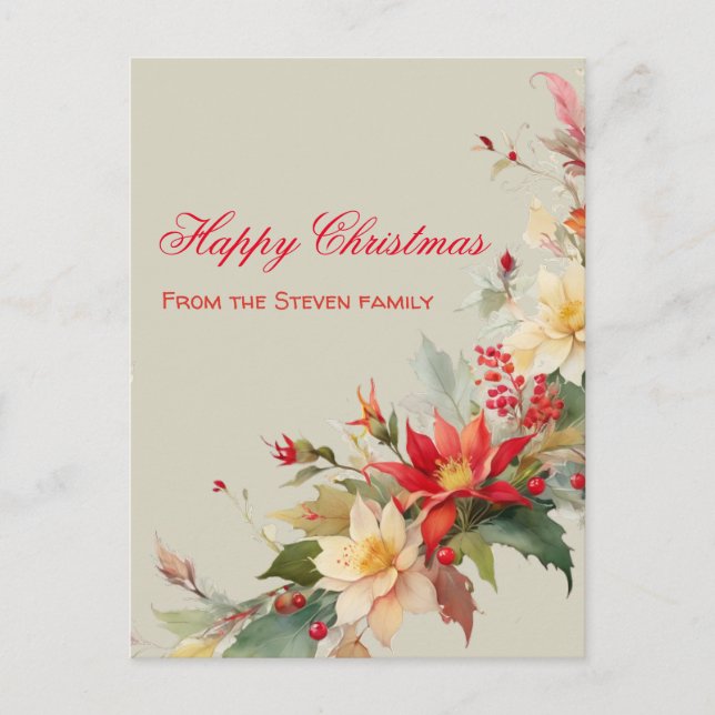 Weihnachten Rose Wasserfarben Postkarte | Ihr Name (Vorderseite)