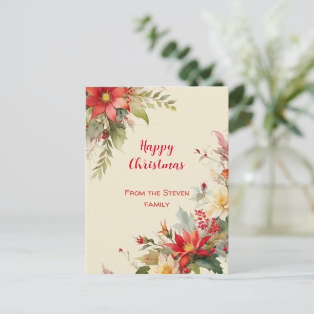 Weihnachten Rose Wasserfarben Postkarte | Ihr Name (Stehend Vorderseite)