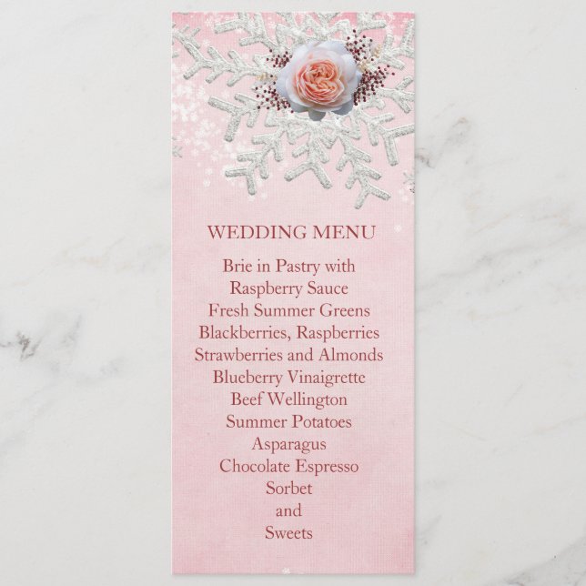 Weihnachten Rosen Schneeflocken Hochzeitsmenü Menükarte (Vorderseite)
