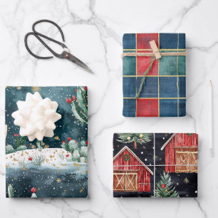 Weihnachten Rot Blau Grün Kaktus Blumig Geschenkpapier Set