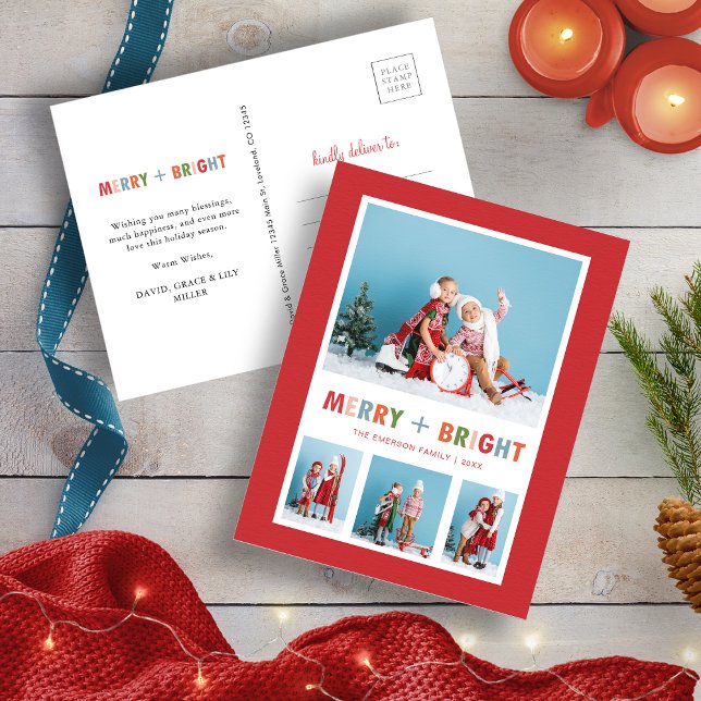 Weihnachten Rot Merry und Bright Foto Collage (Christmas Red Merry and Bright Photo Collage Holiday Postcard
)