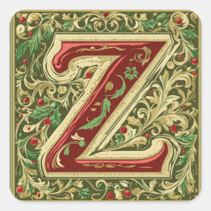 Weihnachten Rot und Gold Z mit grünen Akzenten Quadratischer Aufkleber
