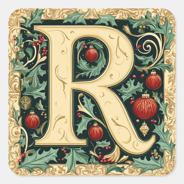 Weihnachten Rot und Grün Buchstabe R: Feierliche E Quadratischer Aufkleber (Vorderseite)