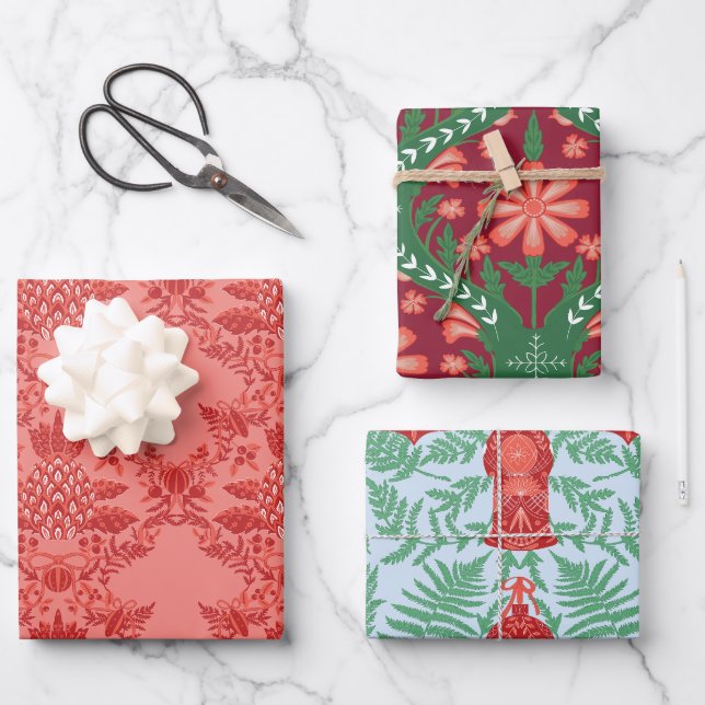Weihnachten Rot und Grün Muster Geschenkpapier Set (Vorderseite)