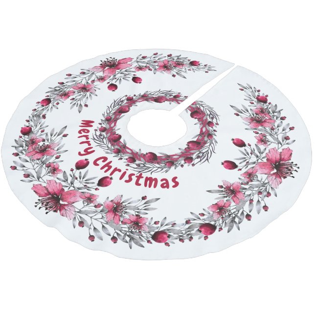 Weihnachten Rot und Weiß Blumen Elegant Polyester Weihnachtsbaumdecke (Schrägansicht)