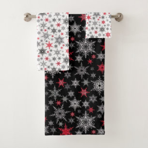 Weihnachten, rot, weiß, Schneeflocken, Winter Badhandtuch Set
