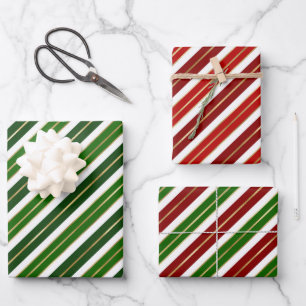 Weihnachten - Rot, Weiß und Grün - Streifen Geschenkpapier Set