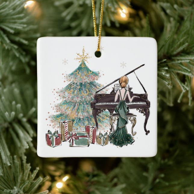 Weihnachten | Rote Frau am Klavier Keramikornament (Baum)