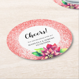 Weihnachten Rote Glitter Poinsettie Hochzeit Runder Pappuntersetzer