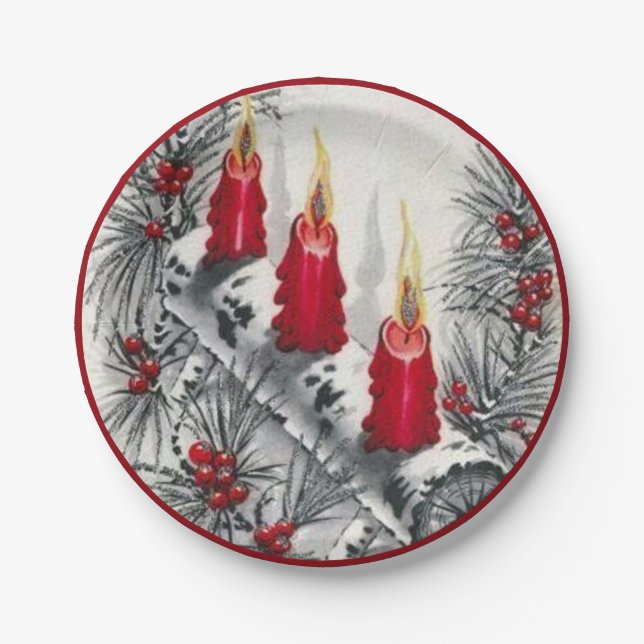 Weihnachten Rote Kerzen Pinacoteca Nadeln Berries Pappteller (Vorderseite)