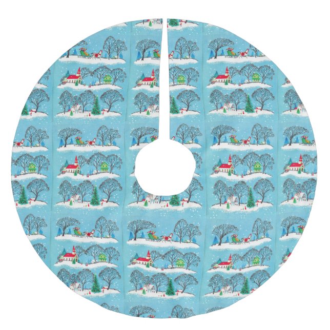 Weihnachten Rote Kirche Reiten und Schlitten Polyester Weihnachtsbaumdecke (Vorderseite)