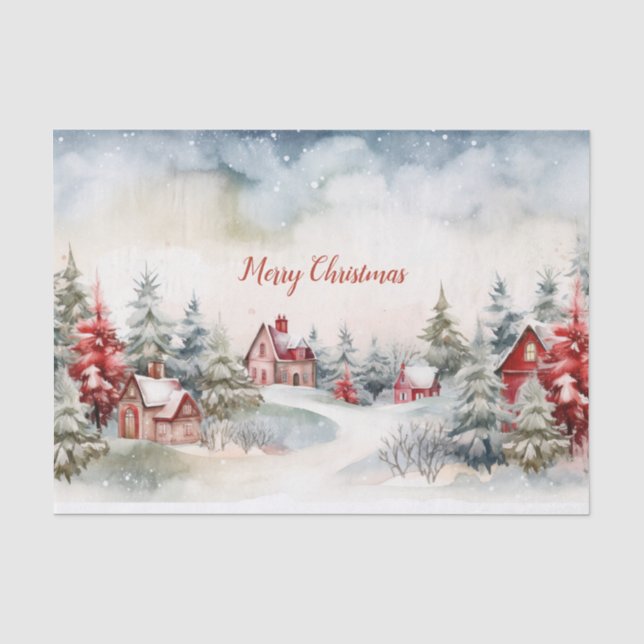 Weihnachten Rote und Grüne Pinien Landschaft Seidenpapier (Vorderseite)