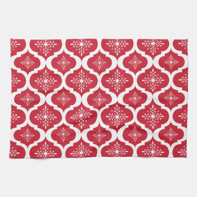 Weihnachten Rote weiße Schneeflocken Gittermuster Küchentuch (Horizontal)