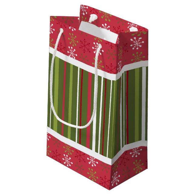 Weihnachten - Rote, weiße und grüne Schneeflocken, Kleine Geschenktüte (Rückseite Schrägansicht)