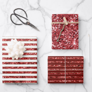 Weihnachten - Roter Glitzer Streifen Geschenkpapier Set