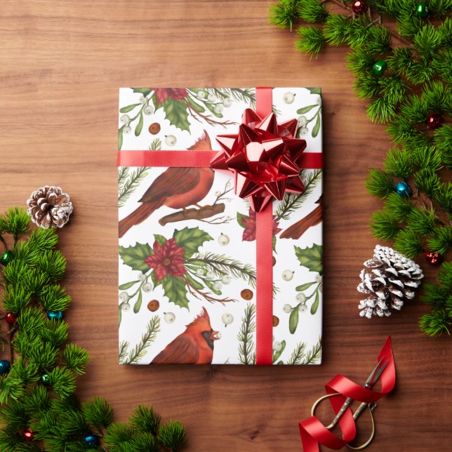 Weihnachten Roter Kardinal Pine Poinsettia Wasserf Geschenkpapier (Feiertagsgeschenk)