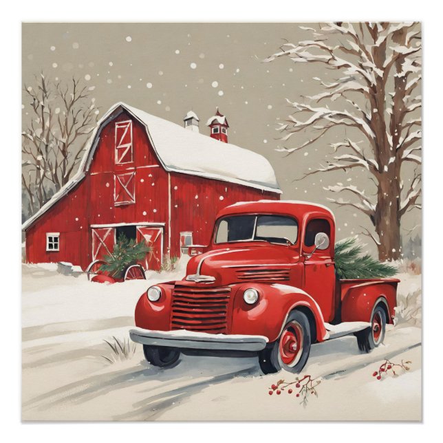 Weihnachten Roter LKW und Roter Stall Poster (Vorderseite)