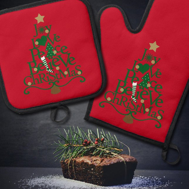Weihnachten Roter Urlaub Word Tree Ofenhandschuh & Topflappen-Set (This cute red potholder set is the perfect choice for your holiday baking and decor.)