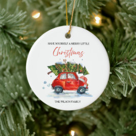 Weihnachten - Rotes Auto & Baum Keramik Ornament